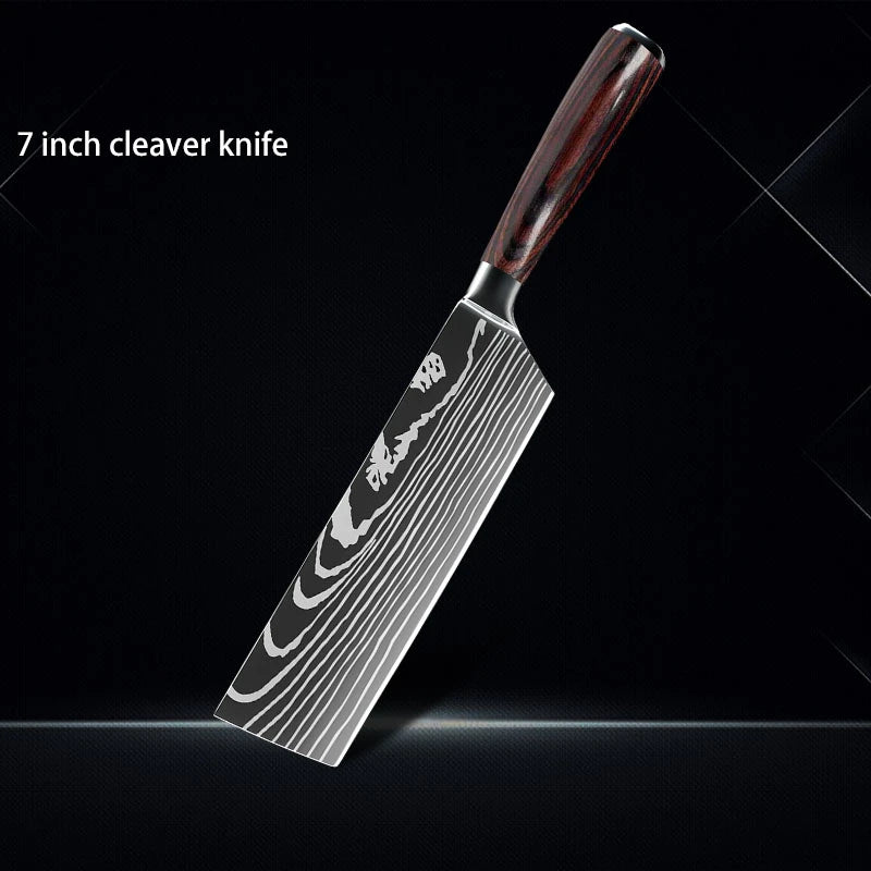 Chef Knife 1-10Pcs Set Laser Damascus Pattern Kitchen Knives Sharp Japanese Santoku Slicing Utility Knife Cleaver Boning Knives