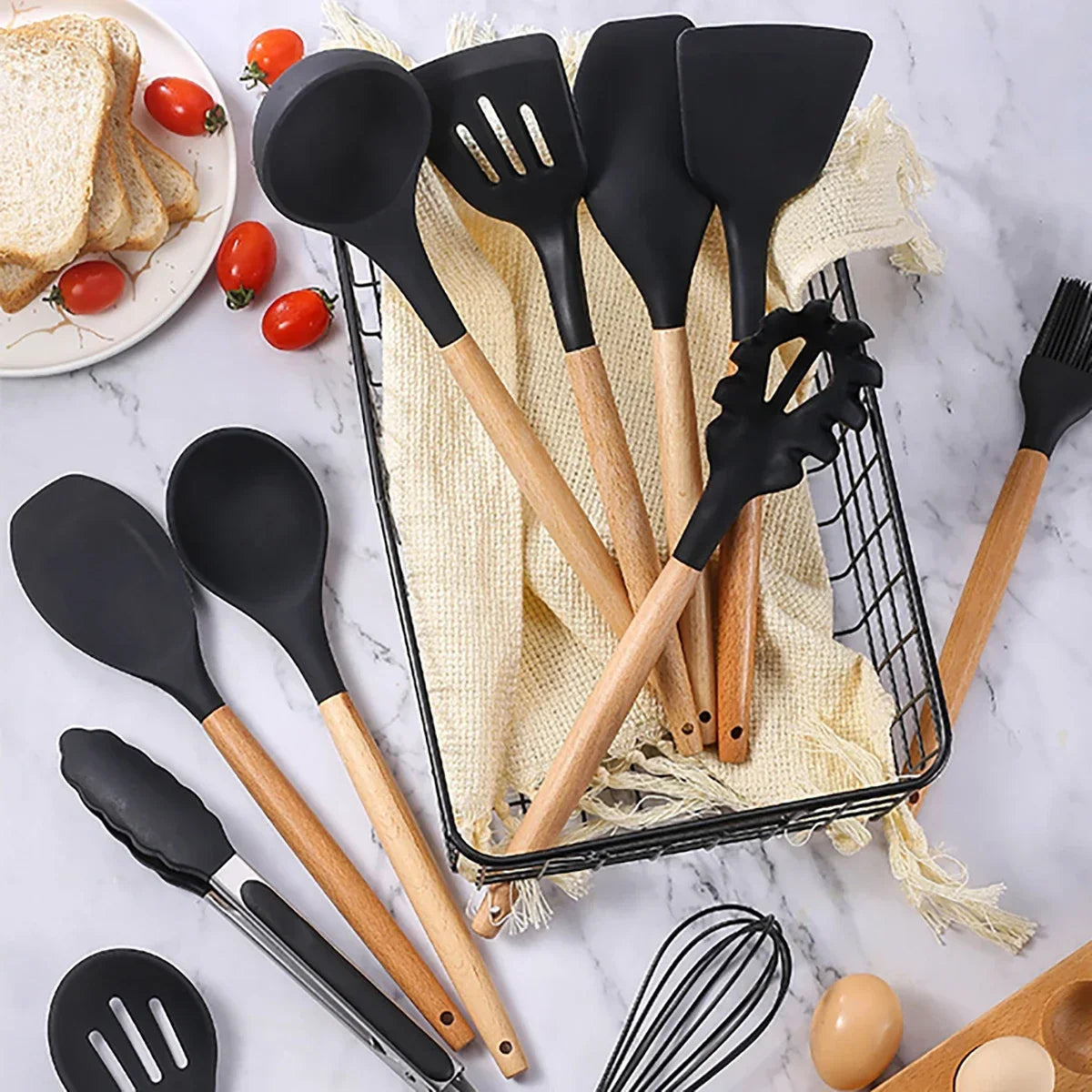12-Piece Heat-Resistant Silicone Cooking Utensils Set for Non-Stick Cookware - Black Kitchen Accessories