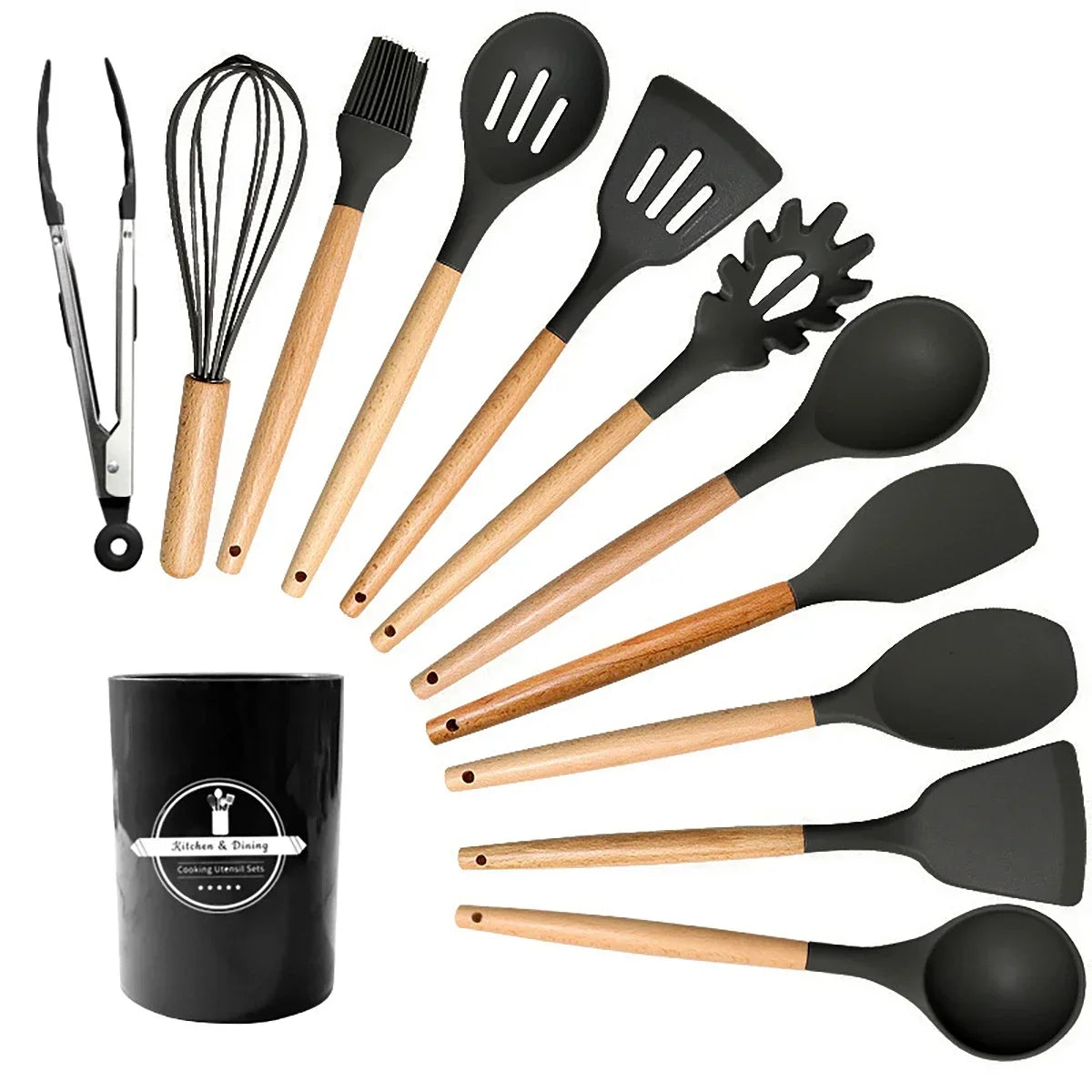 12-Piece Heat-Resistant Silicone Cooking Utensils Set for Non-Stick Cookware - Black Kitchen Accessories