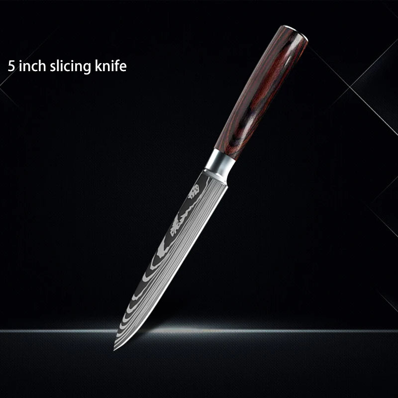 Chef Knife 1-10Pcs Set Laser Damascus Pattern Kitchen Knives Sharp Japanese Santoku Slicing Utility Knife Cleaver Boning Knives