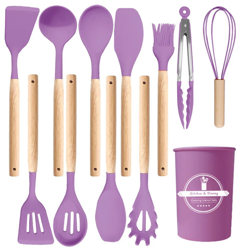 12-Piece Heat-Resistant Silicone Cooking Utensils Set for Non-Stick Cookware - Black Kitchen Accessories