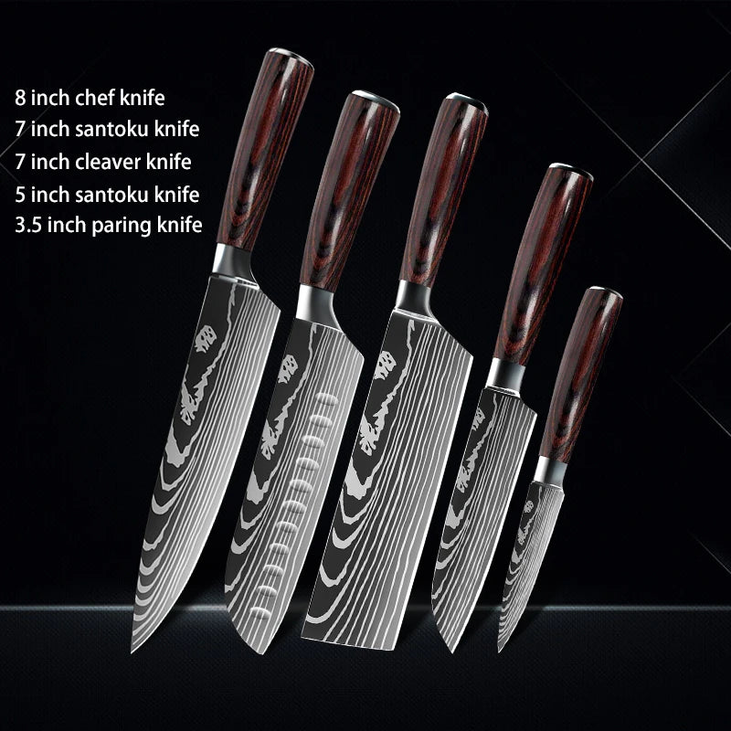 Chef Knife 1-10Pcs Set Laser Damascus Pattern Kitchen Knives Sharp Japanese Santoku Slicing Utility Knife Cleaver Boning Knives