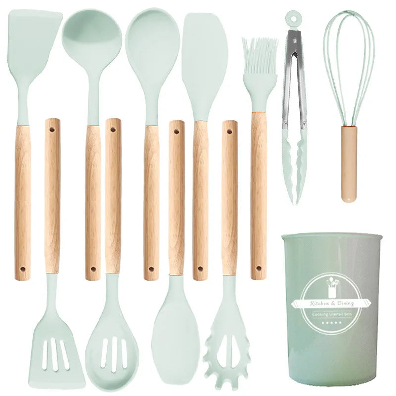 12-Piece Heat-Resistant Silicone Cooking Utensils Set for Non-Stick Cookware - Black Kitchen Accessories