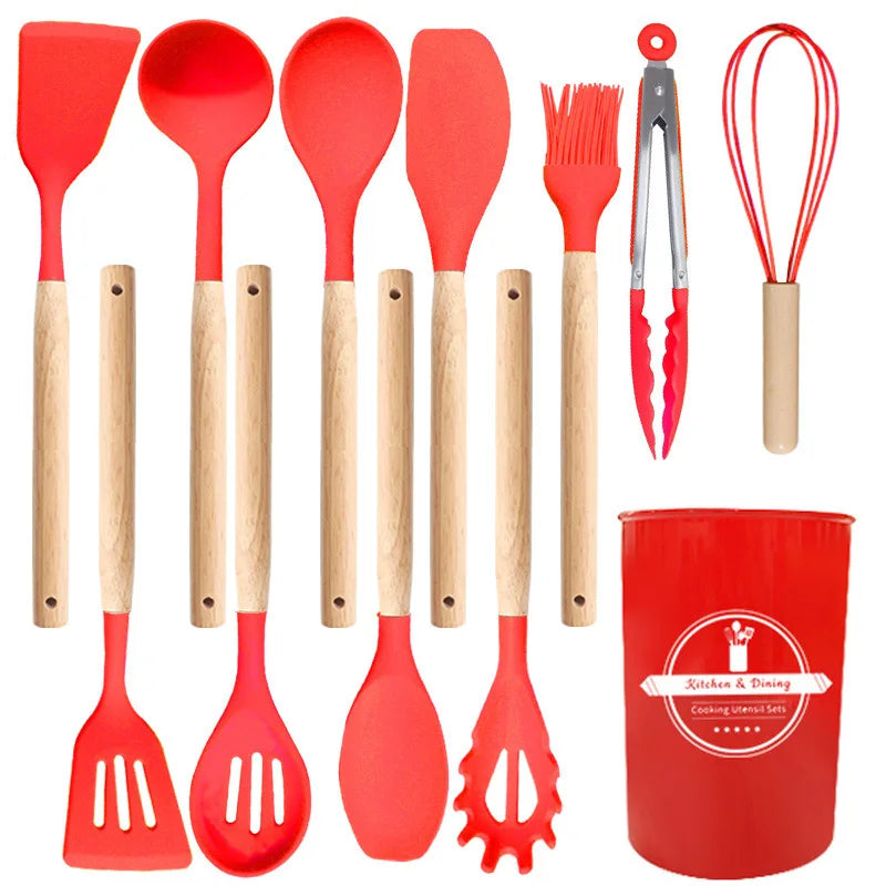 12-Piece Heat-Resistant Silicone Cooking Utensils Set for Non-Stick Cookware - Black Kitchen Accessories