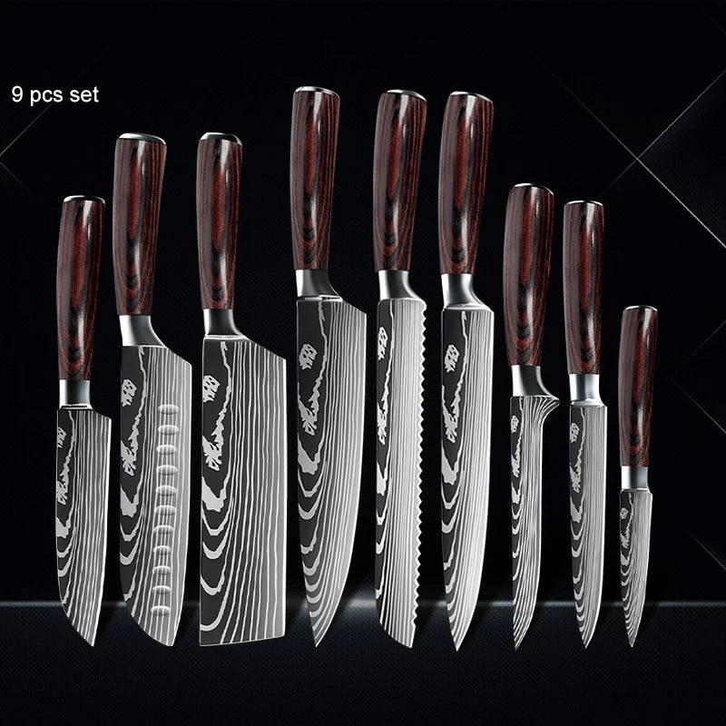 Chef Knife 1-10Pcs Set Laser Damascus Pattern Kitchen Knives Sharp Japanese Santoku Slicing Utility Knife Cleaver Boning Knives