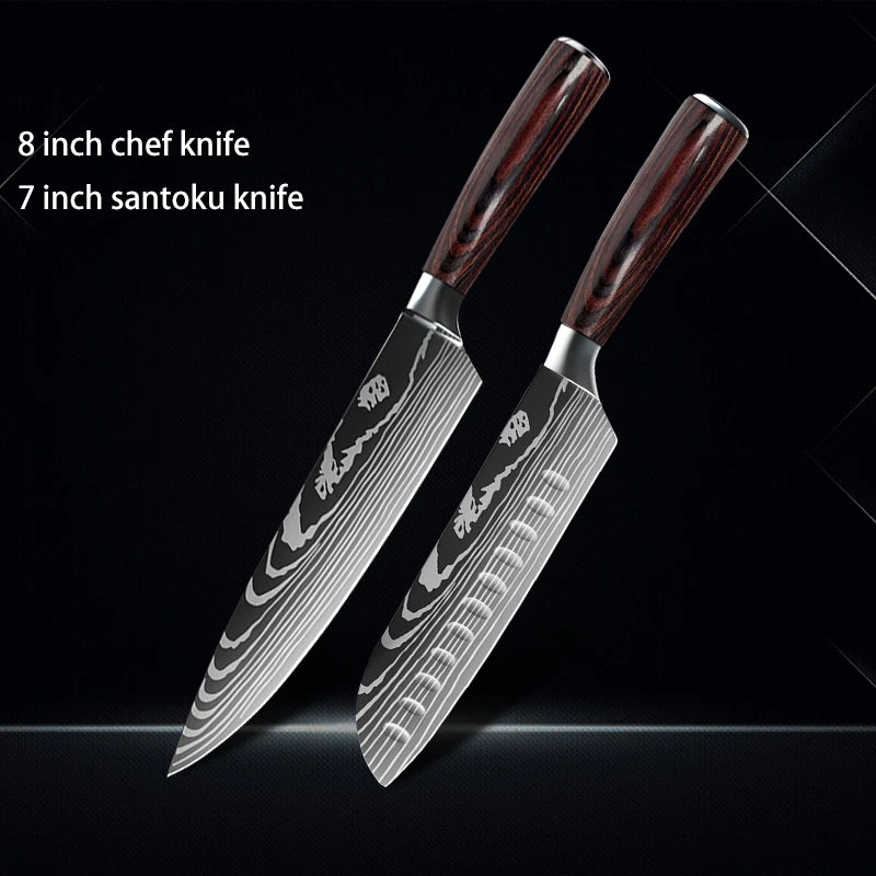 Chef Knife 1-10Pcs Set Laser Damascus Pattern Kitchen Knives Sharp Japanese Santoku Slicing Utility Knife Cleaver Boning Knives