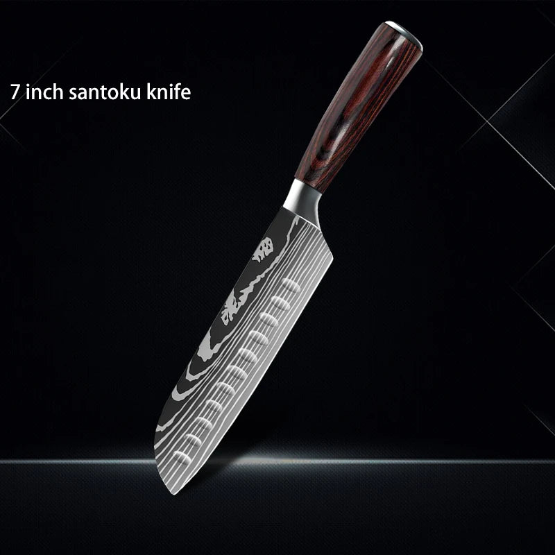 Chef Knife 1-10Pcs Set Laser Damascus Pattern Kitchen Knives Sharp Japanese Santoku Slicing Utility Knife Cleaver Boning Knives
