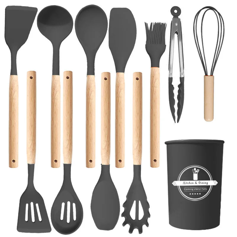 12-Piece Heat-Resistant Silicone Cooking Utensils Set for Non-Stick Cookware - Black Kitchen Accessories