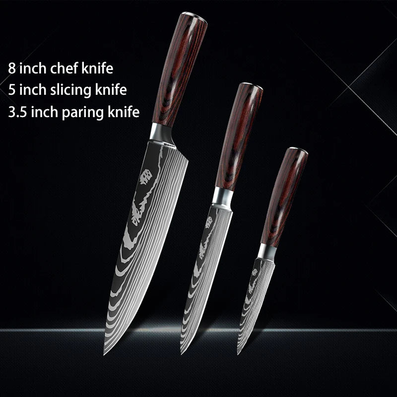 Chef Knife 1-10Pcs Set Laser Damascus Pattern Kitchen Knives Sharp Japanese Santoku Slicing Utility Knife Cleaver Boning Knives
