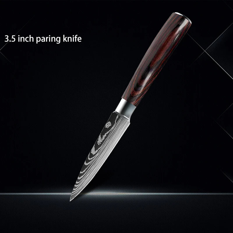 Chef Knife 1-10Pcs Set Laser Damascus Pattern Kitchen Knives Sharp Japanese Santoku Slicing Utility Knife Cleaver Boning Knives