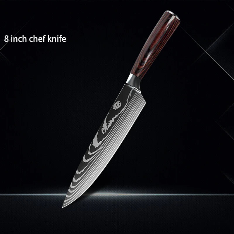 Chef Knife 1-10Pcs Set Laser Damascus Pattern Kitchen Knives Sharp Japanese Santoku Slicing Utility Knife Cleaver Boning Knives
