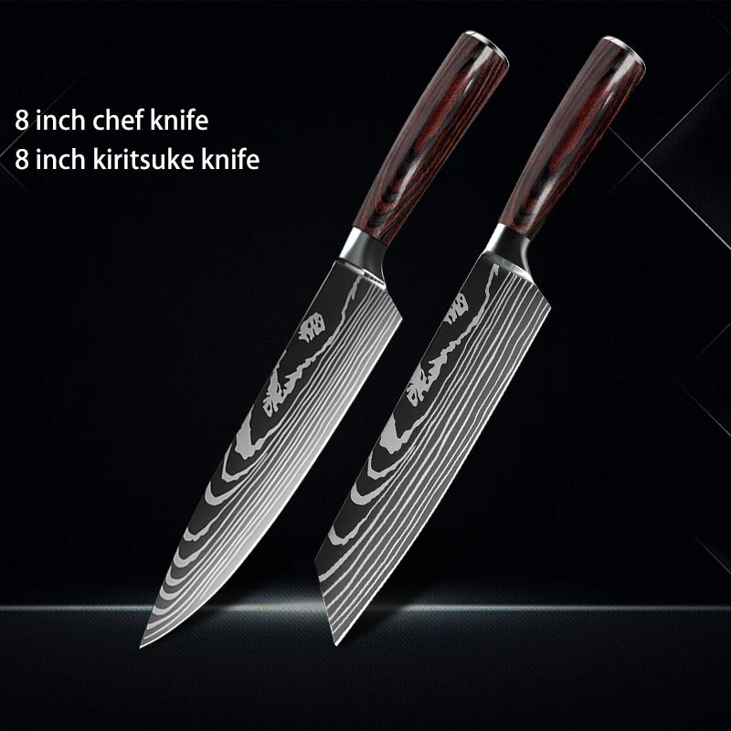 Chef Knife 1-10Pcs Set Laser Damascus Pattern Kitchen Knives Sharp Japanese Santoku Slicing Utility Knife Cleaver Boning Knives