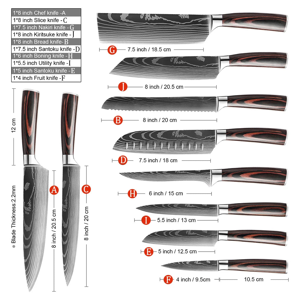 Chef Knife 1-10Pcs Set Laser Damascus Pattern Kitchen Knives Sharp Japanese Santoku Slicing Utility Knife Cleaver Boning Knives