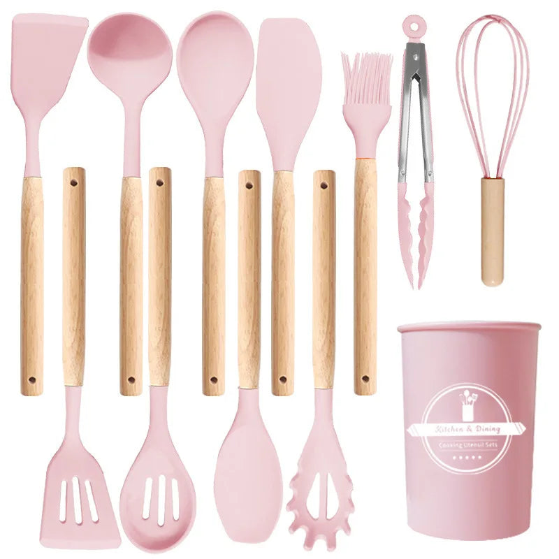 12-Piece Heat-Resistant Silicone Cooking Utensils Set for Non-Stick Cookware - Black Kitchen Accessories
