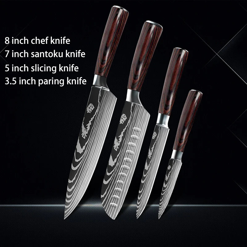 Chef Knife 1-10Pcs Set Laser Damascus Pattern Kitchen Knives Sharp Japanese Santoku Slicing Utility Knife Cleaver Boning Knives
