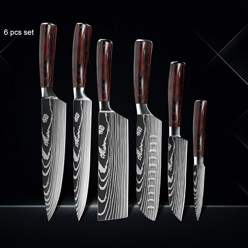 Chef Knife 1-10Pcs Set Laser Damascus Pattern Kitchen Knives Sharp Japanese Santoku Slicing Utility Knife Cleaver Boning Knives
