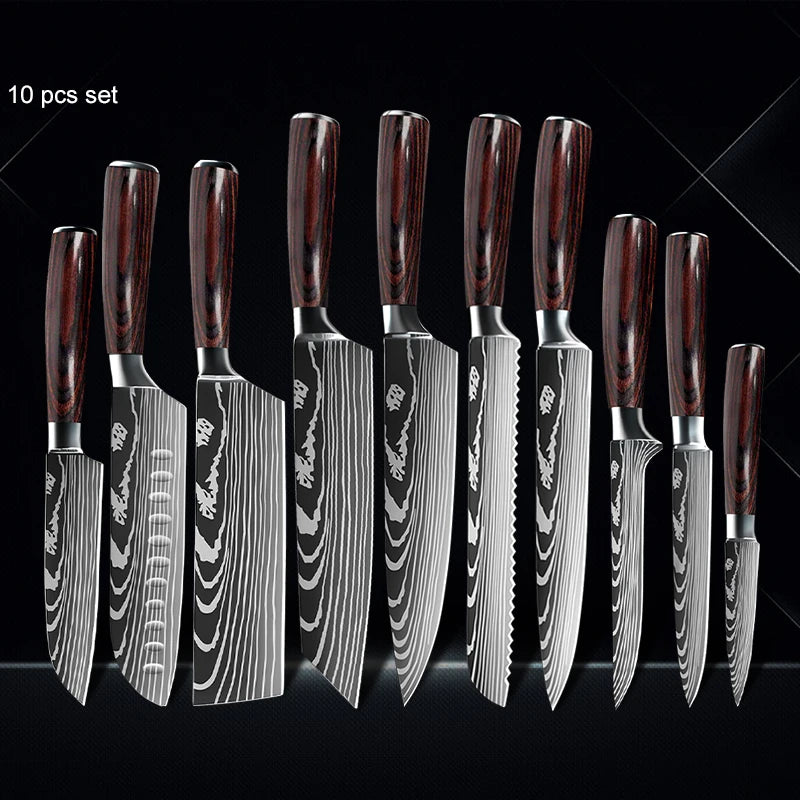 Chef Knife 1-10Pcs Set Laser Damascus Pattern Kitchen Knives Sharp Japanese Santoku Slicing Utility Knife Cleaver Boning Knives