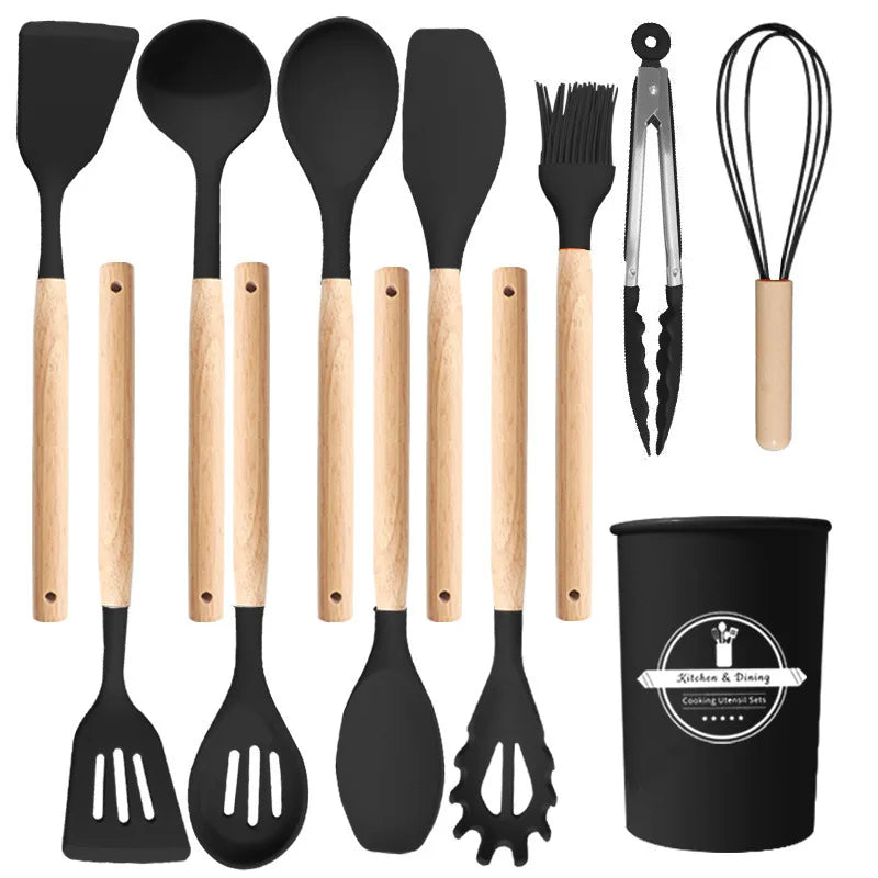 12-Piece Heat-Resistant Silicone Cooking Utensils Set for Non-Stick Cookware - Black Kitchen Accessories