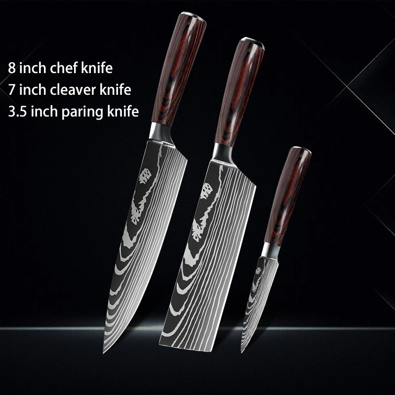 Chef Knife 1-10Pcs Set Laser Damascus Pattern Kitchen Knives Sharp Japanese Santoku Slicing Utility Knife Cleaver Boning Knives