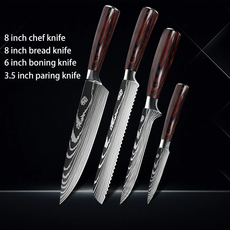 Chef Knife 1-10Pcs Set Laser Damascus Pattern Kitchen Knives Sharp Japanese Santoku Slicing Utility Knife Cleaver Boning Knives