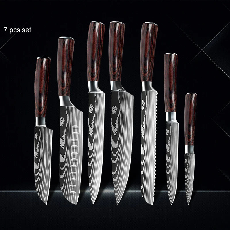 Chef Knife 1-10Pcs Set Laser Damascus Pattern Kitchen Knives Sharp Japanese Santoku Slicing Utility Knife Cleaver Boning Knives