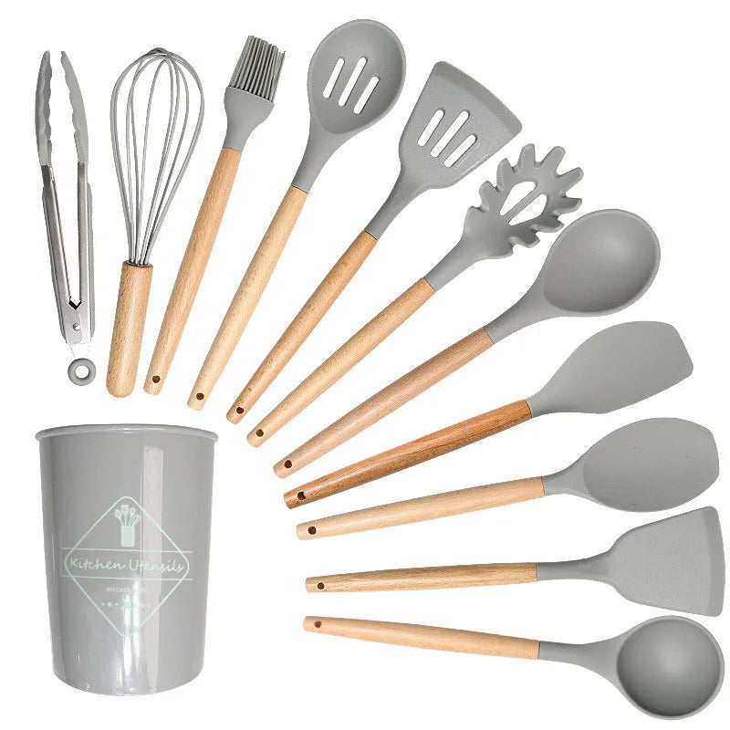 12-Piece Heat-Resistant Silicone Cooking Utensils Set for Non-Stick Cookware - Black Kitchen Accessories