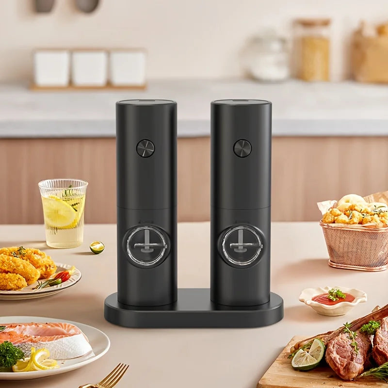 Rechargeable Electric Salt & Pepper Grinder Set LED Light, One-Hand Operation, Stainless Steel Blades,