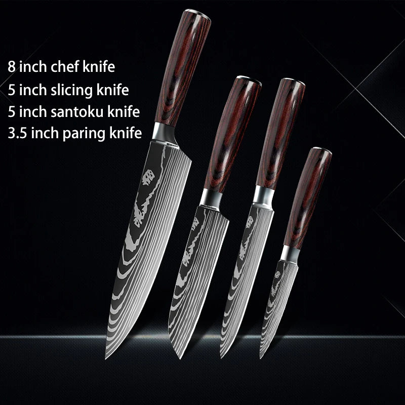 Chef Knife 1-10Pcs Set Laser Damascus Pattern Kitchen Knives Sharp Japanese Santoku Slicing Utility Knife Cleaver Boning Knives