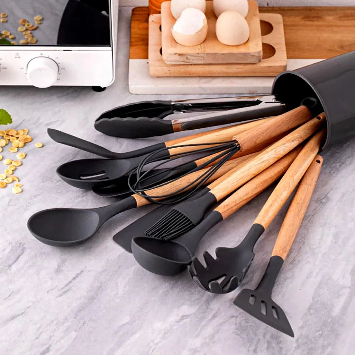 12-Piece Heat-Resistant Silicone Cooking Utensils Set for Non-Stick Cookware - Black Kitchen Accessories