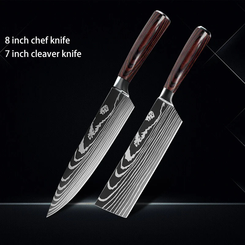 Chef Knife 1-10Pcs Set Laser Damascus Pattern Kitchen Knives Sharp Japanese Santoku Slicing Utility Knife Cleaver Boning Knives
