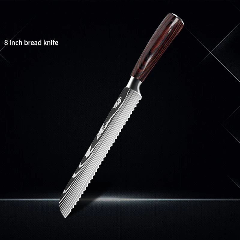 Chef Knife 1-10Pcs Set Laser Damascus Pattern Kitchen Knives Sharp Japanese Santoku Slicing Utility Knife Cleaver Boning Knives