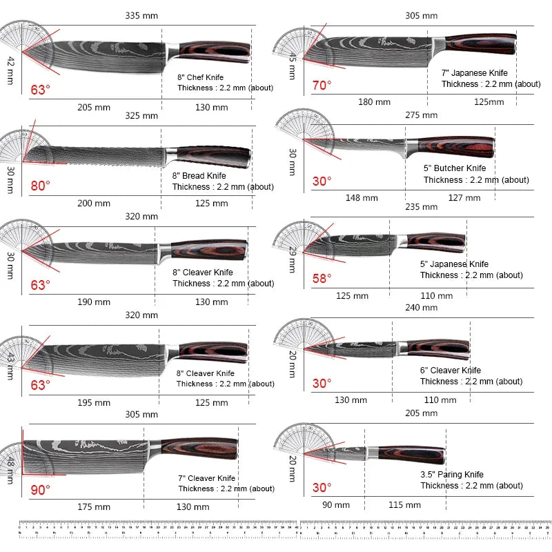 Chef Knife 1-10Pcs Set Laser Damascus Pattern Kitchen Knives Sharp Japanese Santoku Slicing Utility Knife Cleaver Boning Knives