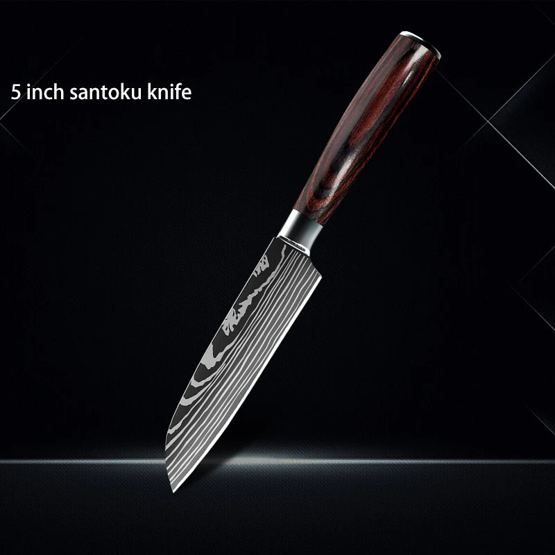 Chef Knife 1-10Pcs Set Laser Damascus Pattern Kitchen Knives Sharp Japanese Santoku Slicing Utility Knife Cleaver Boning Knives