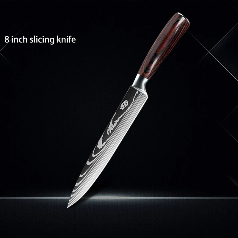Chef Knife 1-10Pcs Set Laser Damascus Pattern Kitchen Knives Sharp Japanese Santoku Slicing Utility Knife Cleaver Boning Knives