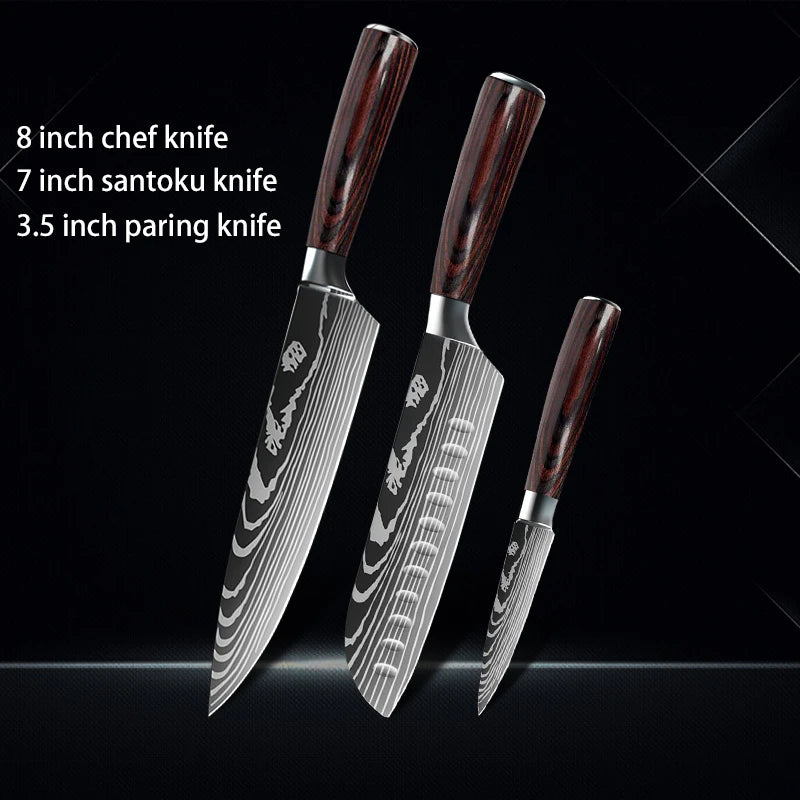 Chef Knife 1-10Pcs Set Laser Damascus Pattern Kitchen Knives Sharp Japanese Santoku Slicing Utility Knife Cleaver Boning Knives