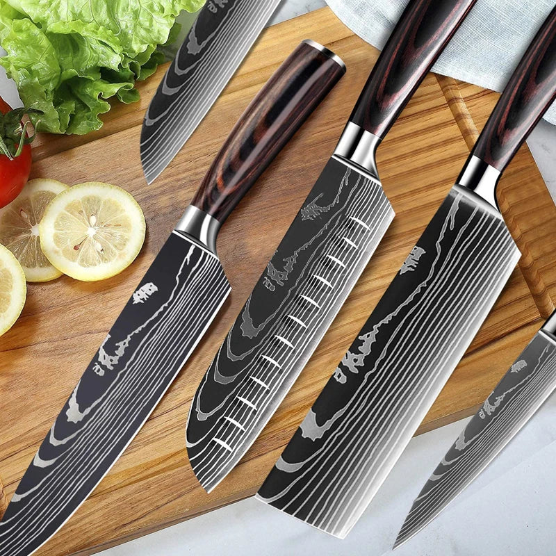 Chef Knife 1-10Pcs Set Laser Damascus Pattern Kitchen Knives Sharp Japanese Santoku Slicing Utility Knife Cleaver Boning Knives