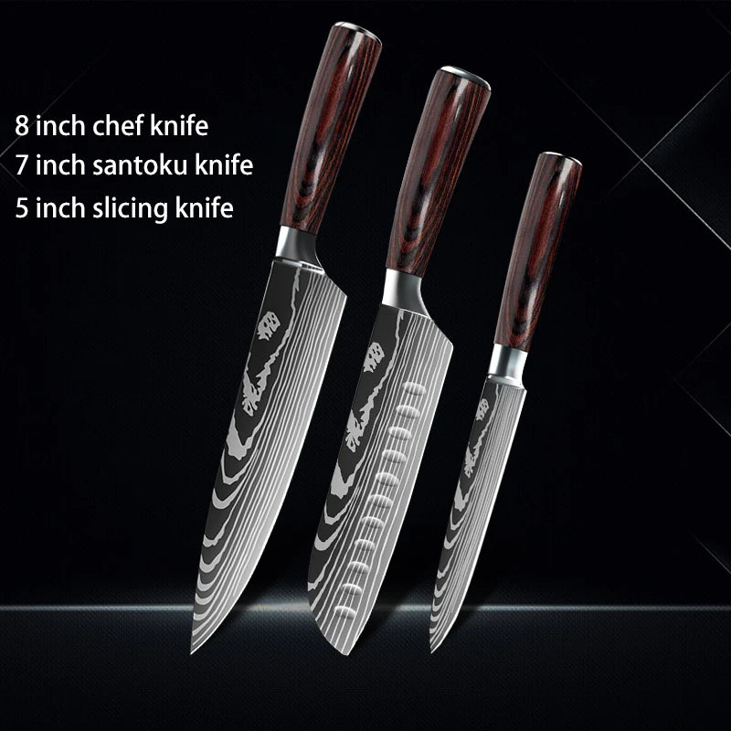 Chef Knife 1-10Pcs Set Laser Damascus Pattern Kitchen Knives Sharp Japanese Santoku Slicing Utility Knife Cleaver Boning Knives