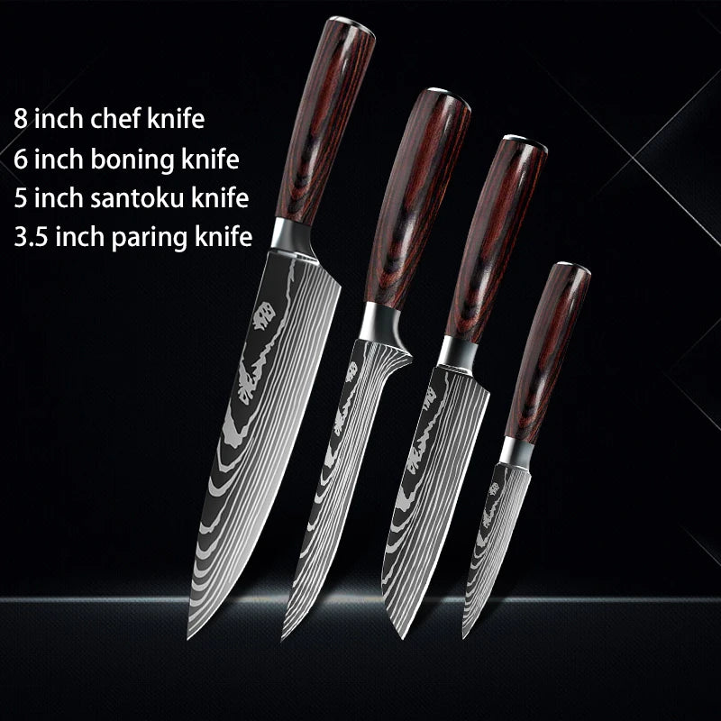Chef Knife 1-10Pcs Set Laser Damascus Pattern Kitchen Knives Sharp Japanese Santoku Slicing Utility Knife Cleaver Boning Knives