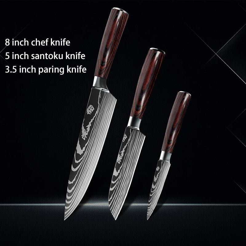 Chef Knife 1-10Pcs Set Laser Damascus Pattern Kitchen Knives Sharp Japanese Santoku Slicing Utility Knife Cleaver Boning Knives