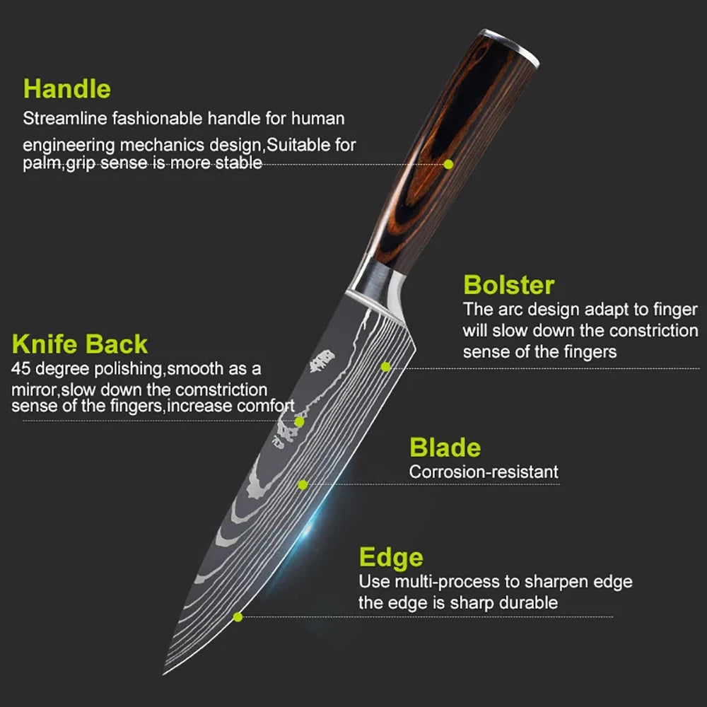 Chef Knife 1-10Pcs Set Laser Damascus Pattern Kitchen Knives Sharp Japanese Santoku Slicing Utility Knife Cleaver Boning Knives