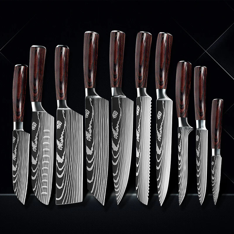 Chef Knife 1-10Pcs Set Laser Damascus Pattern Kitchen Knives Sharp Japanese Santoku Slicing Utility Knife Cleaver Boning Knives