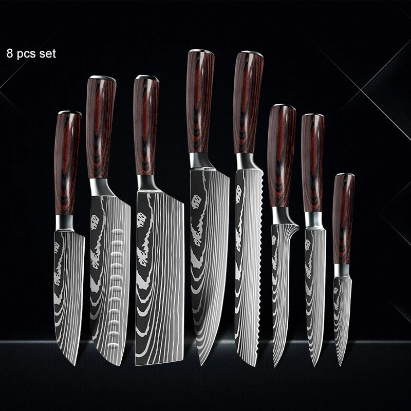 Chef Knife 1-10Pcs Set Laser Damascus Pattern Kitchen Knives Sharp Japanese Santoku Slicing Utility Knife Cleaver Boning Knives