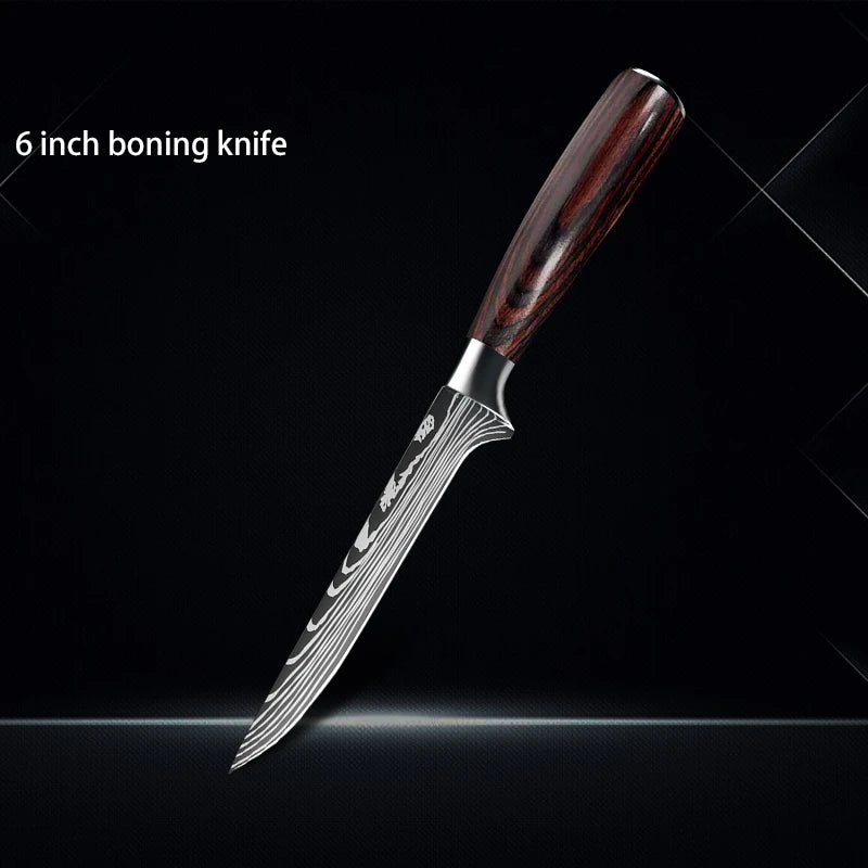 Chef Knife 1-10Pcs Set Laser Damascus Pattern Kitchen Knives Sharp Japanese Santoku Slicing Utility Knife Cleaver Boning Knives