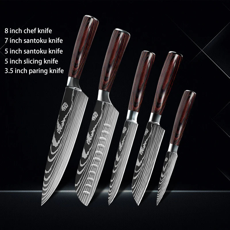 Chef Knife 1-10Pcs Set Laser Damascus Pattern Kitchen Knives Sharp Japanese Santoku Slicing Utility Knife Cleaver Boning Knives