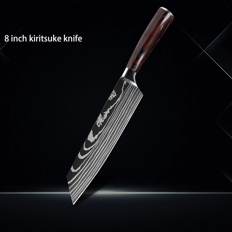 Chef Knife 1-10Pcs Set Laser Damascus Pattern Kitchen Knives Sharp Japanese Santoku Slicing Utility Knife Cleaver Boning Knives